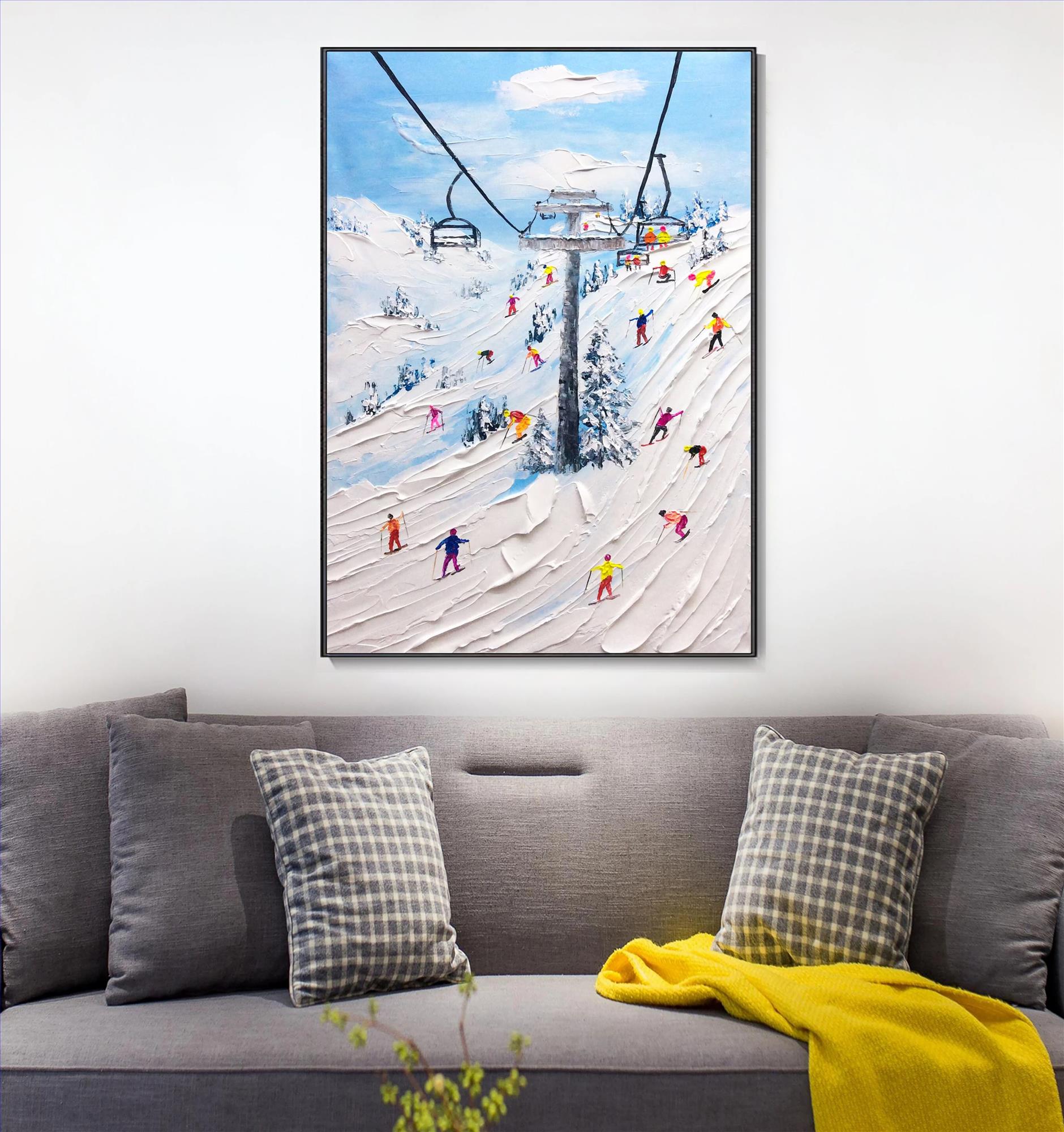 Skier on Snowy Mountain Wall Art Sport White Snow Skiing Room Decor by Knife 20 texture Oil Paintings